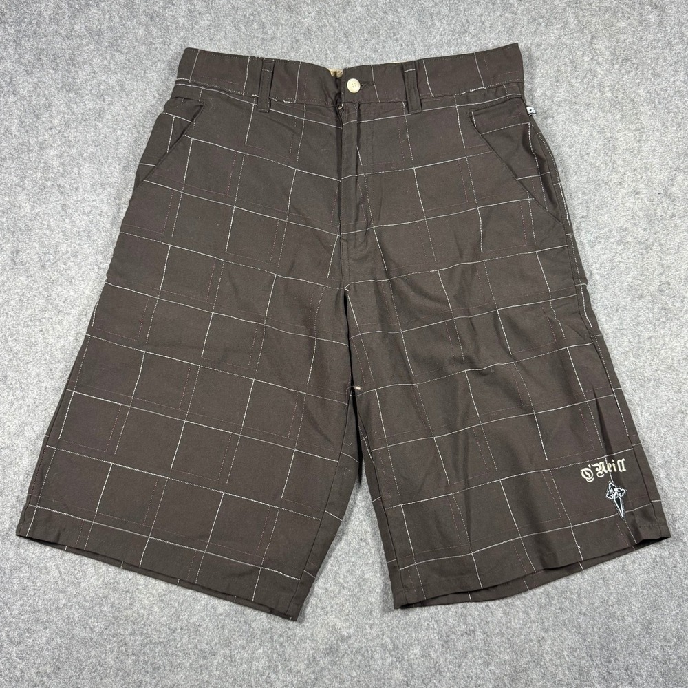 O'Neill Board Shorts Mens 30 Brown Grid Pattern Gothic Logo Embroidered Surf Y2K